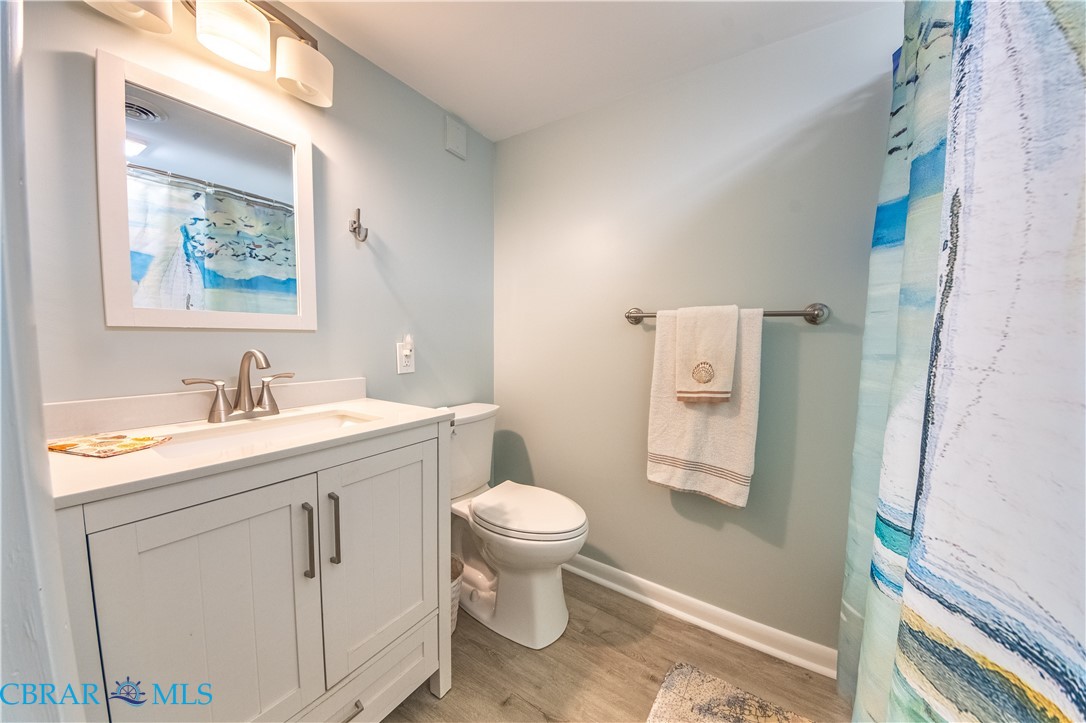 54 Villa Ridge Drive, Unit C Hartfield, VA 23071 - Photo 35 of 45 Full bath featuring vanity, a shower with shower curtain, and light wood finished floors