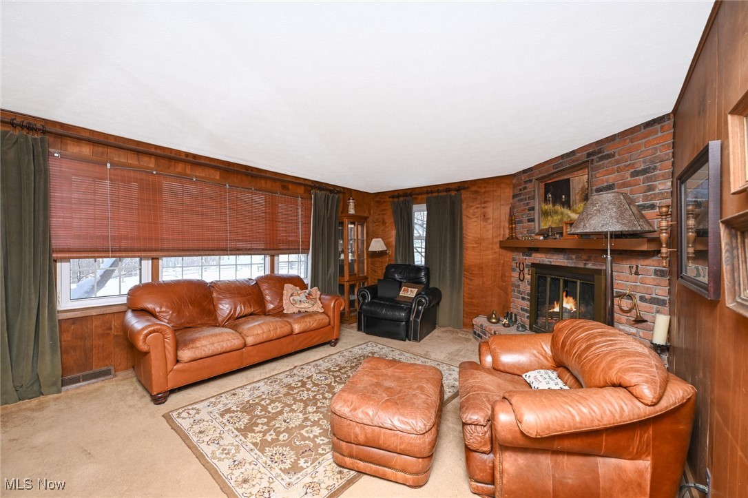 30875 Cannon Road Solon, OH 44139 - Photo 28 of 48 Carpeted living room with wood walls and a brick fireplace