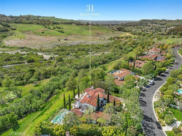 an aerial view of residential houses with outdoor space and trees