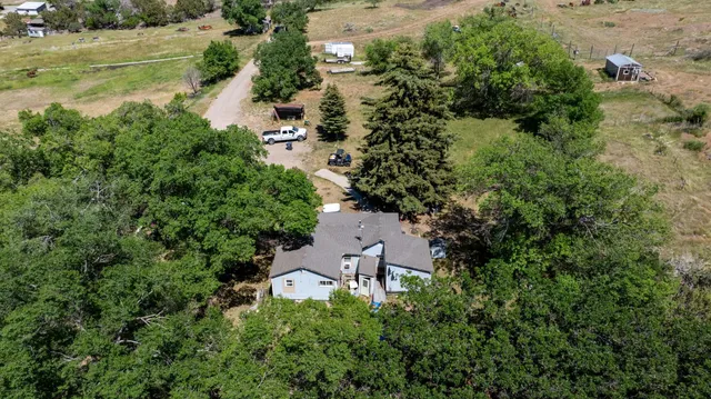 an aerial view of residential house with outdoor space and trees all around