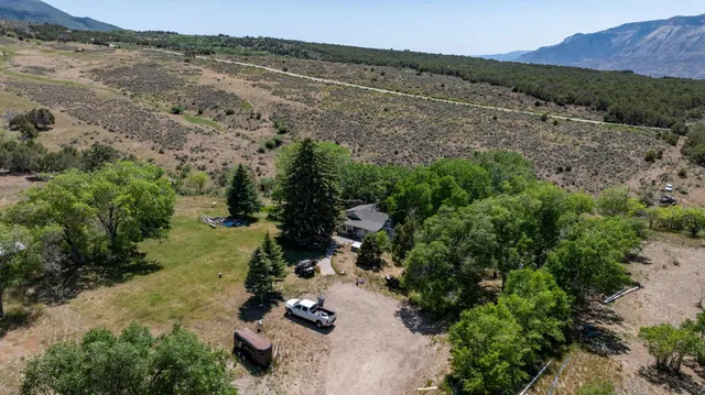 an aerial view of green landscape with trees houses and mountain view