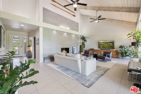 a living room with furniture and a potted plant