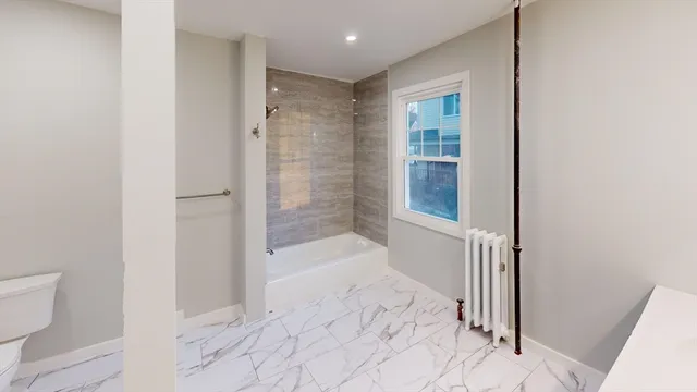 a bathroom with a bathtub and a toilet
