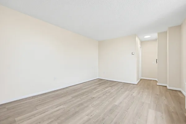 a view of an empty room with wooden floor