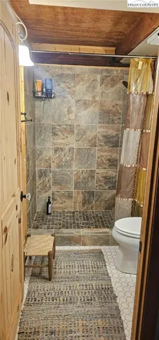 a bathroom with a toilet and a shower