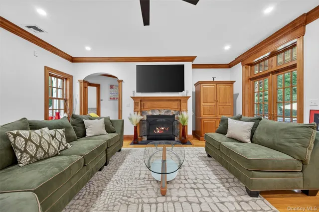 a living room with furniture a flat screen tv and a fireplace