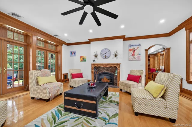 a living room with furniture or couch and a fireplace