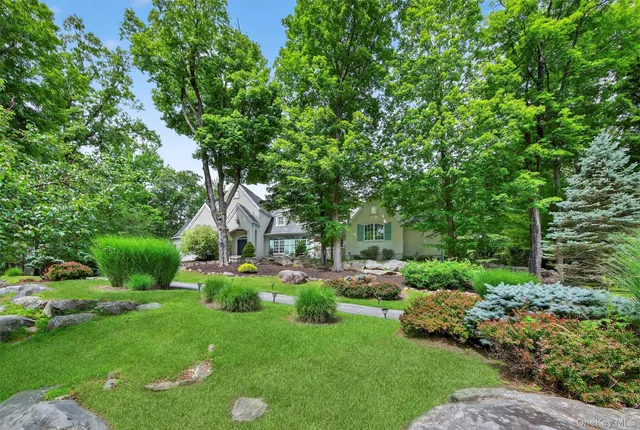 a garden view with a seating space