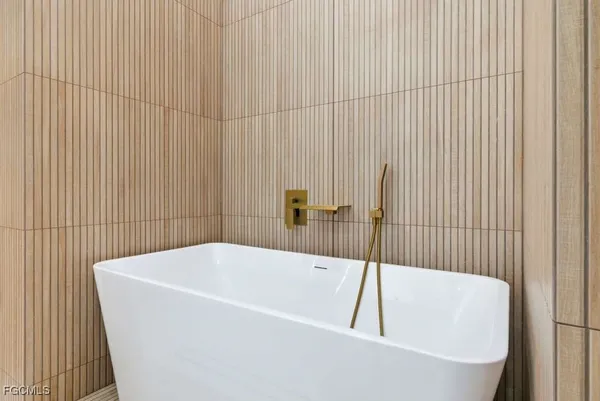 a bathroom with a bathtub
