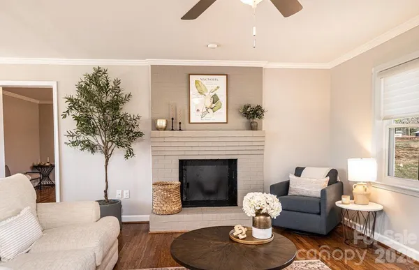a living room with furniture potted plant and a fireplace