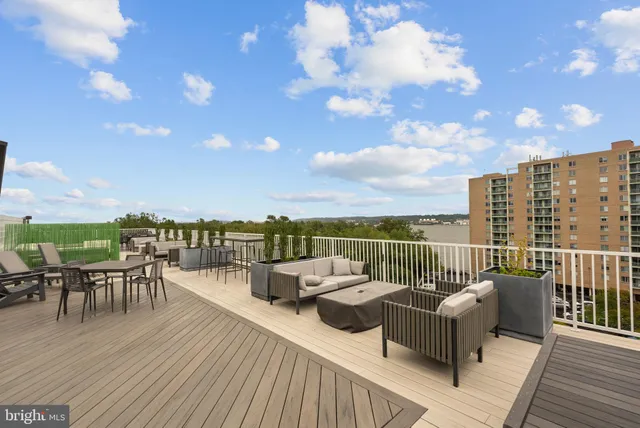 a view of a building with chairs