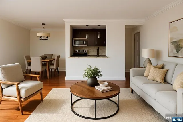 a living room with furniture a rug and a chandelier
