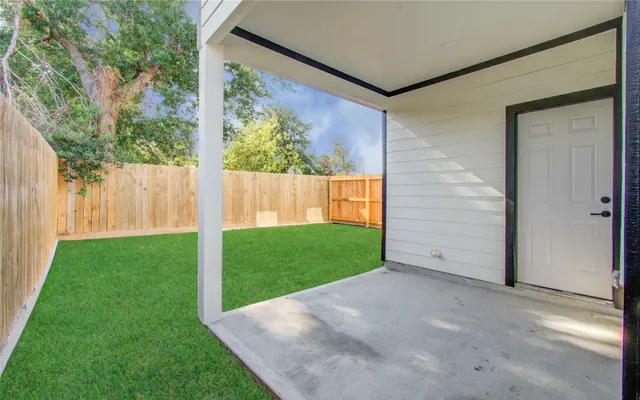 a view of a backyard with large tree