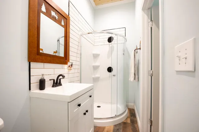 a bathroom with a sink a toilet and a mirror