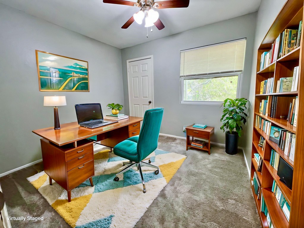 9703 Roxanna Drive, Unit D Austin, TX 78748 - Photo 5 of 24 Carpeted office space with ceiling fan and baseboards