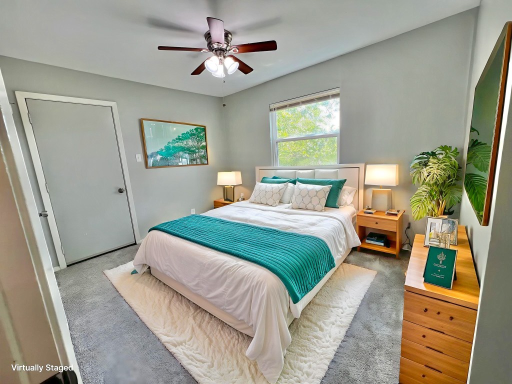 9703 Roxanna Drive, Unit D Austin, TX 78748 - Photo 7 of 24 Bedroom with carpet flooring and ceiling fan