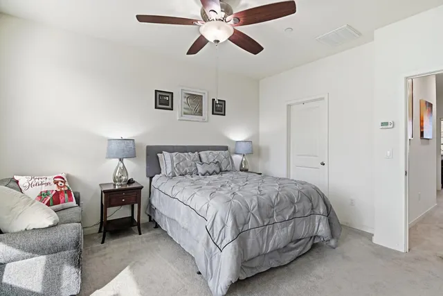 a bedroom with a bed and a chandelier