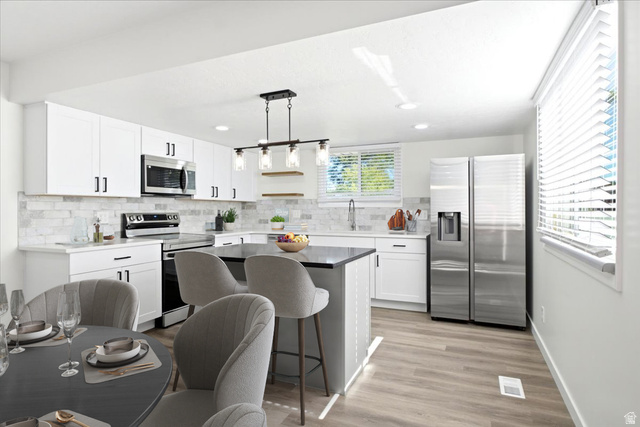 1676 East 11245 South Sandy, UT 84092 - Photo 8 of 34 Modern kitchen featuring white cabinetry, stone-finish backsplash, stainless steel appliances, a center island with seating, and wood-finish flooring. This photo is virtually staged.