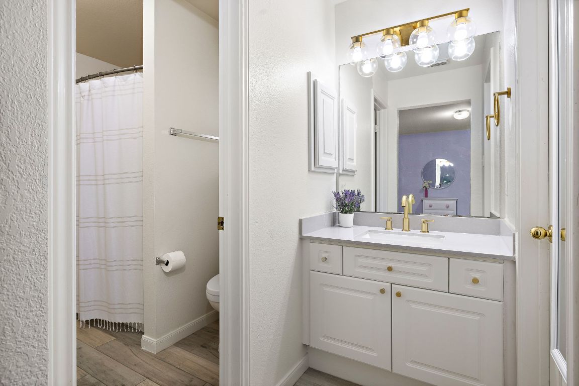 1237 Fall Creek Loop Cedar Park, TX 78613 - Photo 29 of 39 a bathroom with a sink a mirror a vanity and a toilet