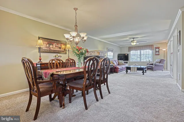 a view of a dining room with furniture and chandelier