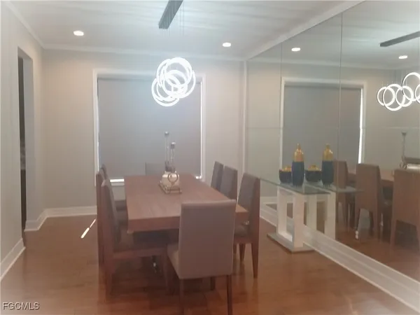 a view of a dining room with furniture