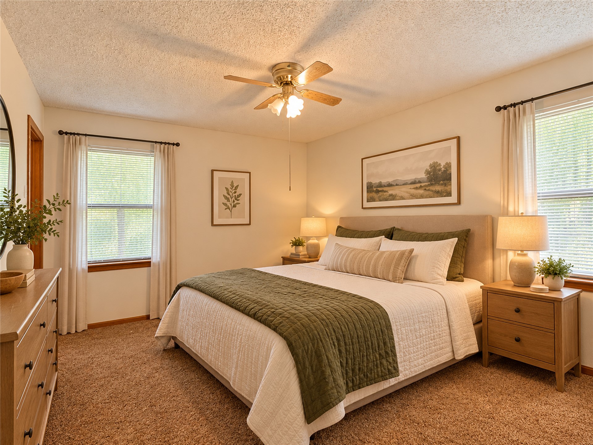 602 Northwest 4th Street Checotah, OK 74426 - Photo 15 of 28 Wall-to-wall carpeting with light-toned walls and trim, complemented by a ceiling fan with integrated lighting