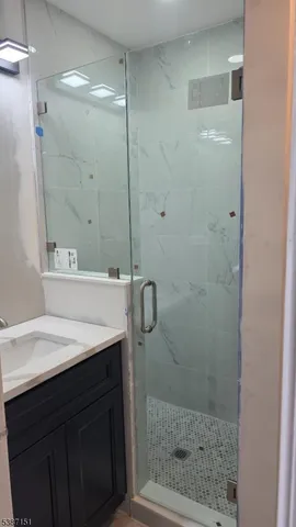 a bathroom with a shower sink and mirror