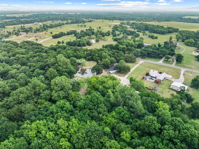 an aerial view of a houses with a lush green hillside