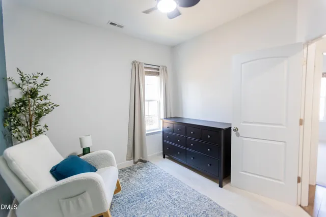 a room with a couch and a potted plant