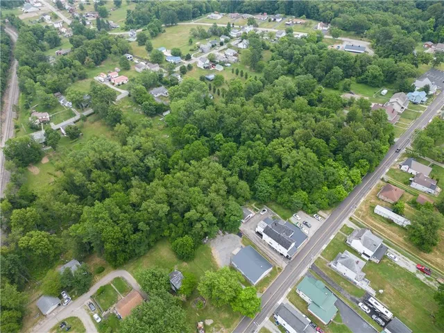 an aerial view of residential houses with outdoor space and trees