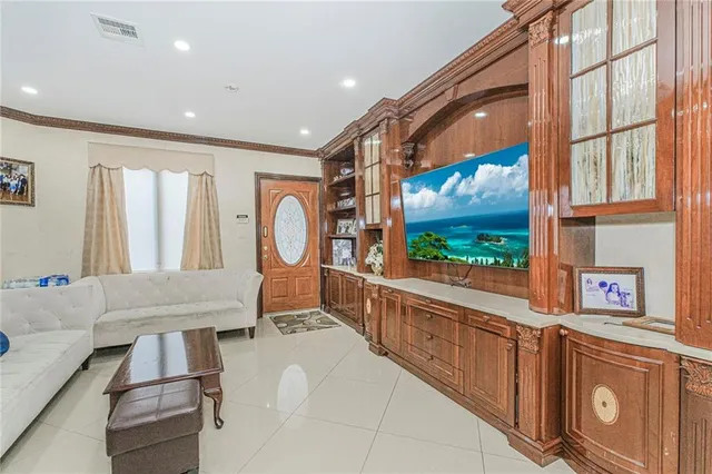 a living room with large window