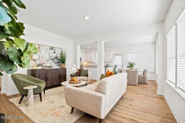 a living room with furniture and a potted plant