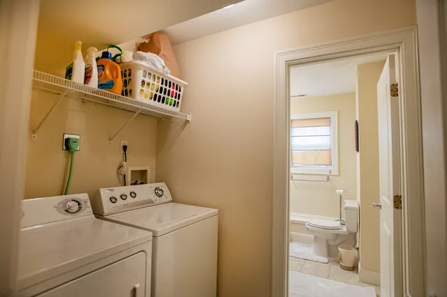 a view of a dining room with furniture