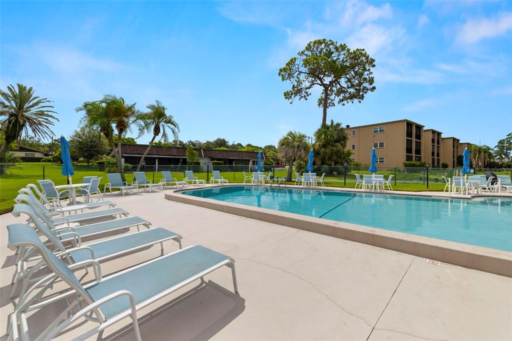 1370 Heather Ridge Boulevard, Unit 105 Dunedin, FL 34698 - Photo 30 of 56 a view of swimming pool with a garden and seating area