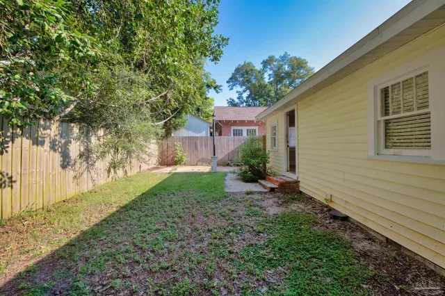 a view of a backyard with plants and large tree