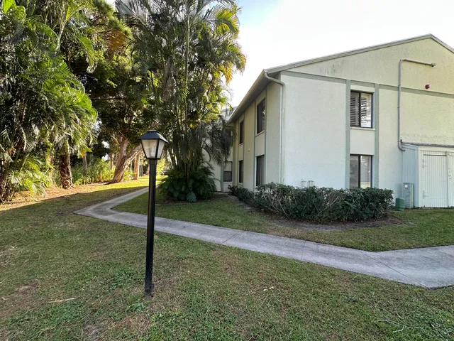 a backyard of a house with plants and large tree