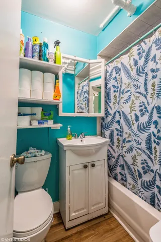 a bathroom with a toilet a sink and a shower curtain