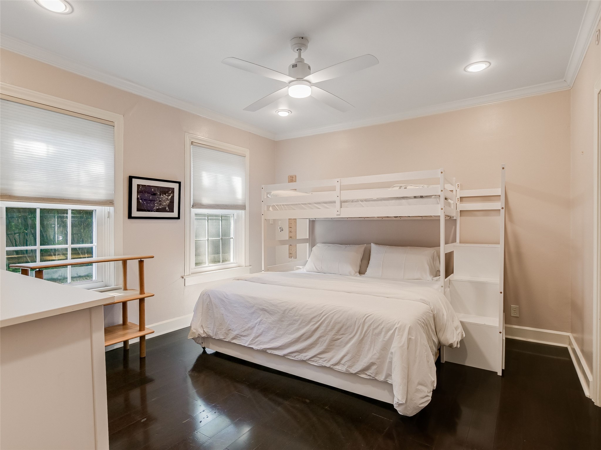 1804 Polo Road Austin, TX 78703 - Photo 13 of 19 Bedroom featuring crown molding, dark wood-style flooring, multiple windows, recessed lighting, and ceiling fan