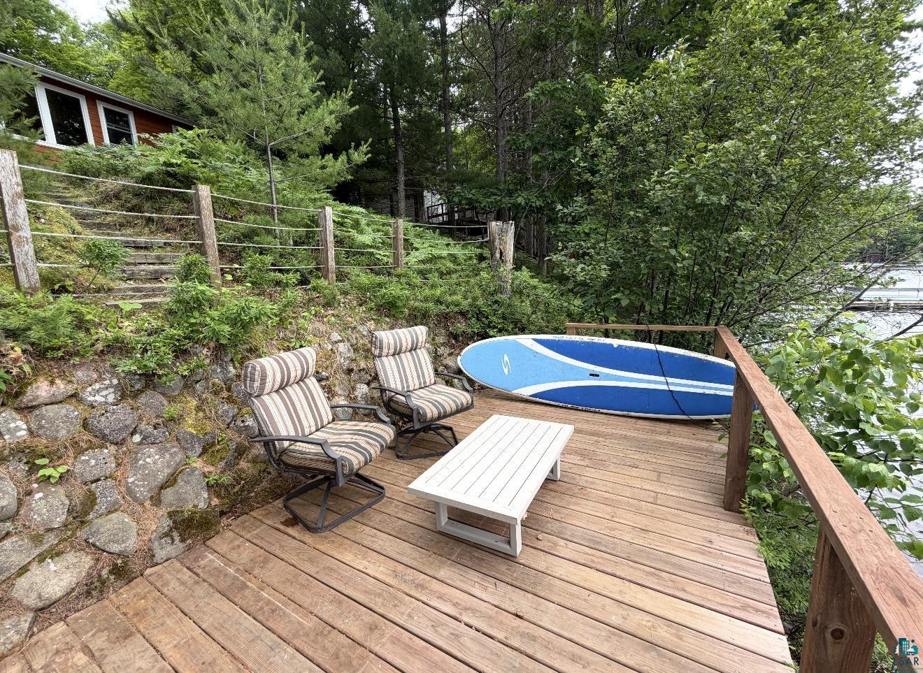 7338 South Maranatha Road Lake Nebagamon, WI 54849 - Photo 2 of 3 Waterfront deck featuring natural wood planks and a wooden railing