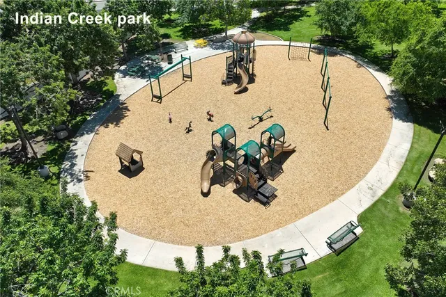 an aerial view of a swimming pool