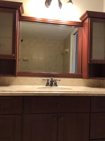 a bathroom with a sink and a mirror