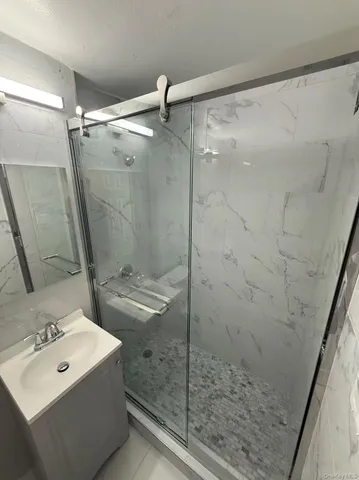 a bathroom with a shower and a sink