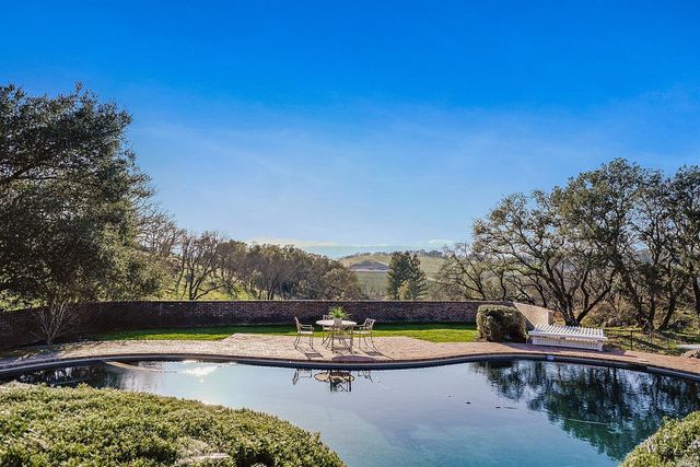 a view of a swimming pool and trees in the background