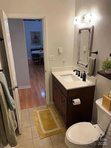 a bathroom with a sink a toilet a mirror and vanity