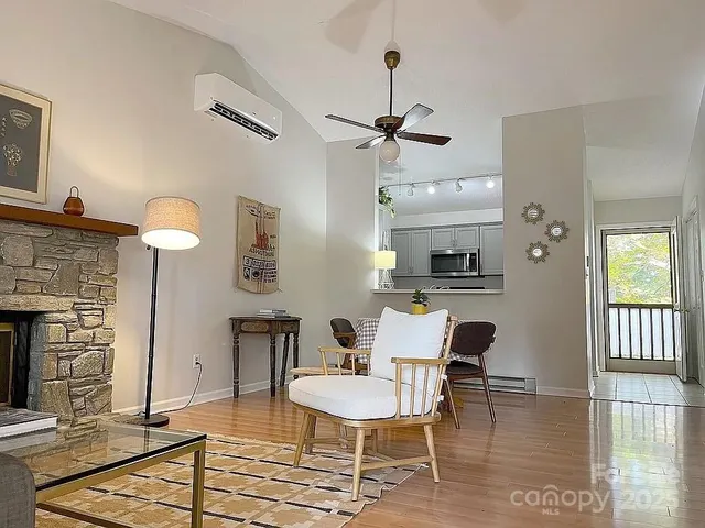 a view of a dining room with furniture