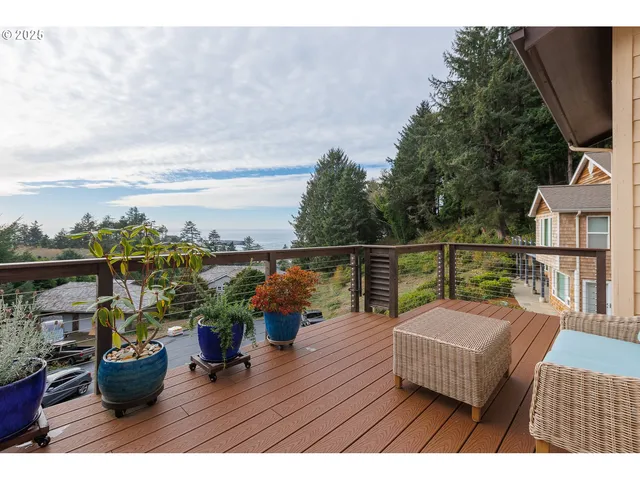 a view of a roof deck with table and chairs potted plants with wooden floor