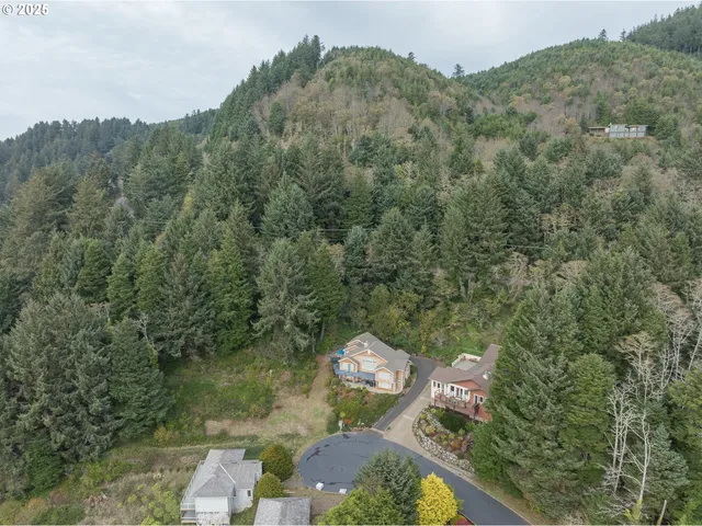 a aerial view of a house with a yard