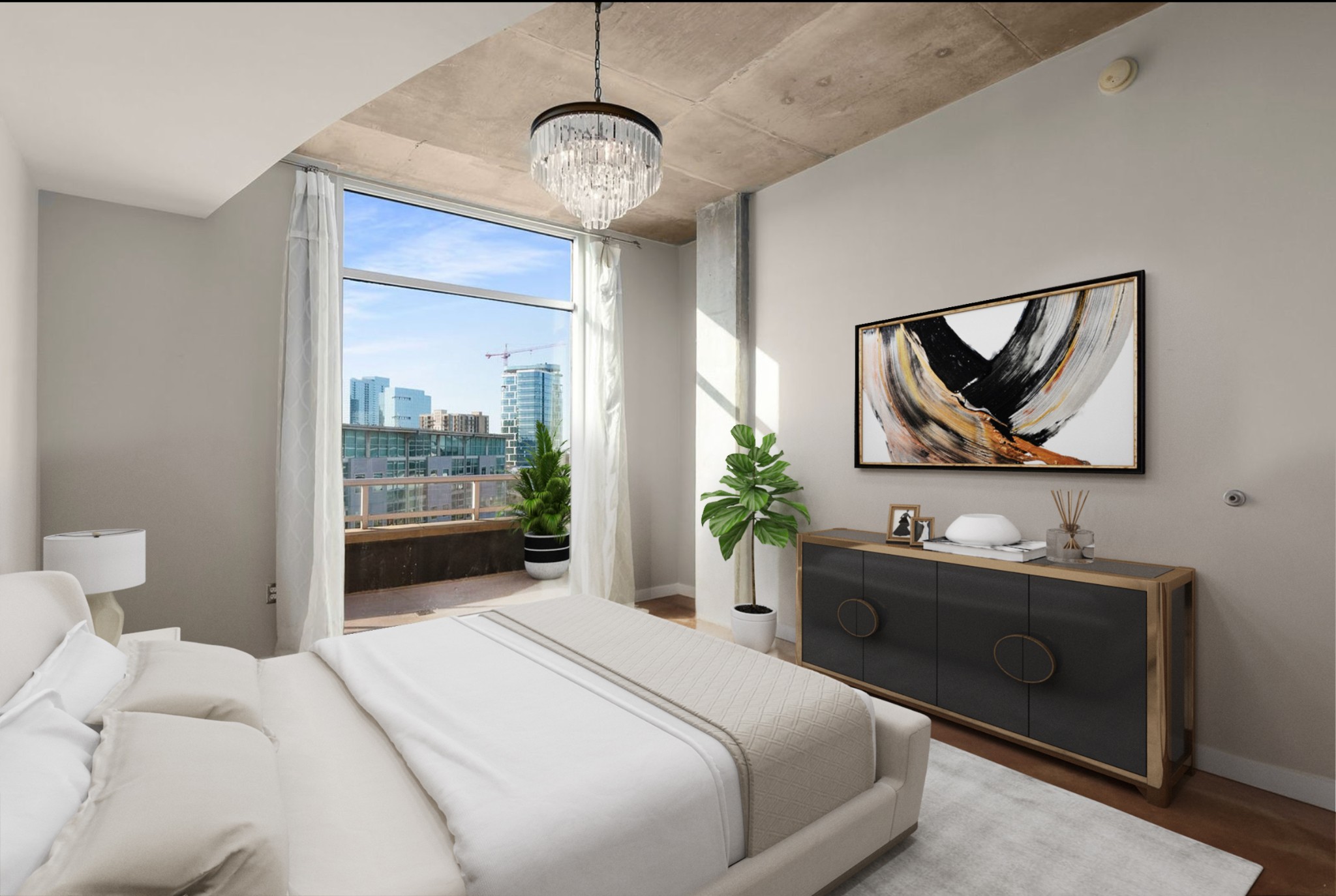 600 12th Avenue South, Unit 829 Nashville, TN 37203 - Photo 10 of 32 a bedroom with a bed and a chandelier