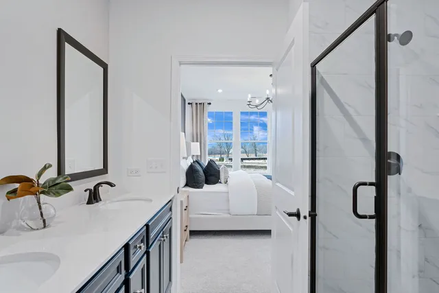 a bathroom with a double vanity sink mirror and shower
