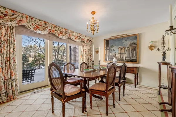 a view of a dining room with furniture and chandelier